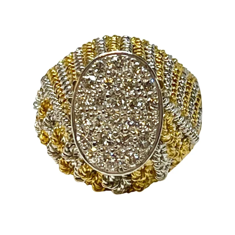 18K Gold White and Yellow Gold Ring with Pave Diamonds