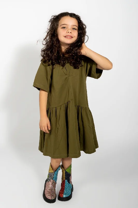 KHAKI GATHERED JERSEY T-SHIRT DRESS