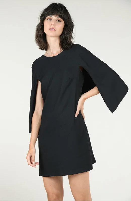 Scoop-Neck Black Shift Dress With Attached Back Cape