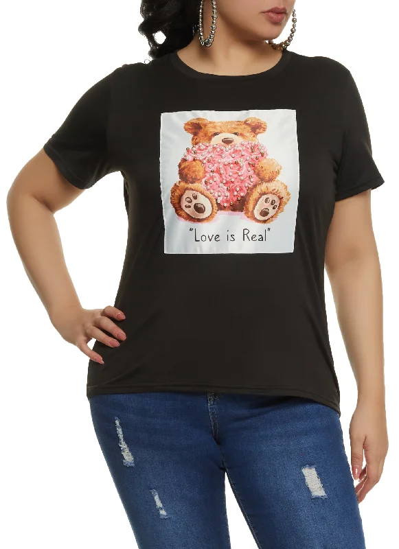 Plus Size Love Is Real Bear Graphic Patch Tee