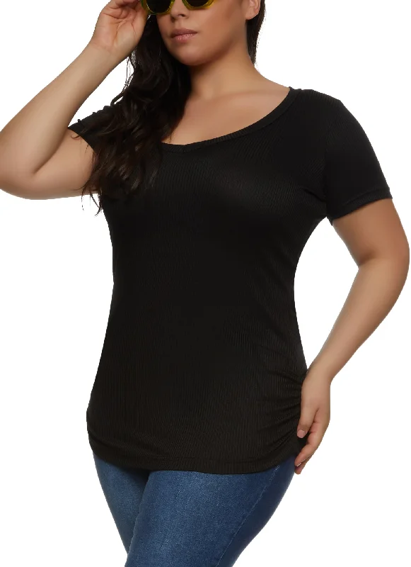 Plus Size Rib Knit Ruched Side V Neck Tee