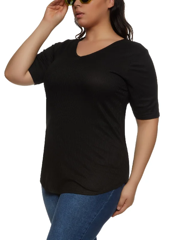 Plus Size Rib Knit V Neck Tee