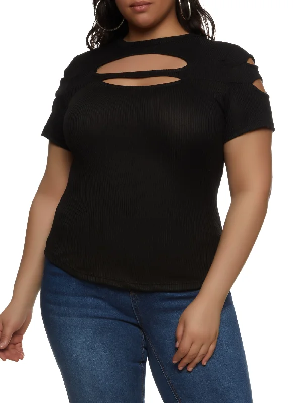 Plus Size Ribbed Knit Cut Out Top