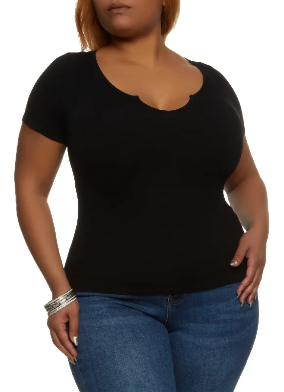 Plus Size Ribbed Knit Notch Neck Basic Tee