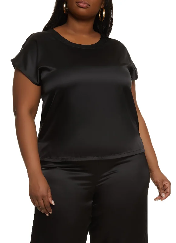 Plus Size Satin Short Sleeve Blouse