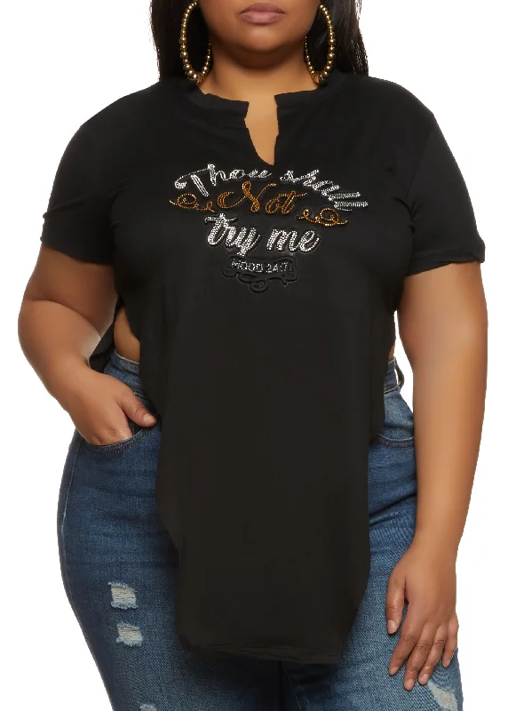 Plus Size Thou Shall Not Try Me Rhinestone Tunic Top