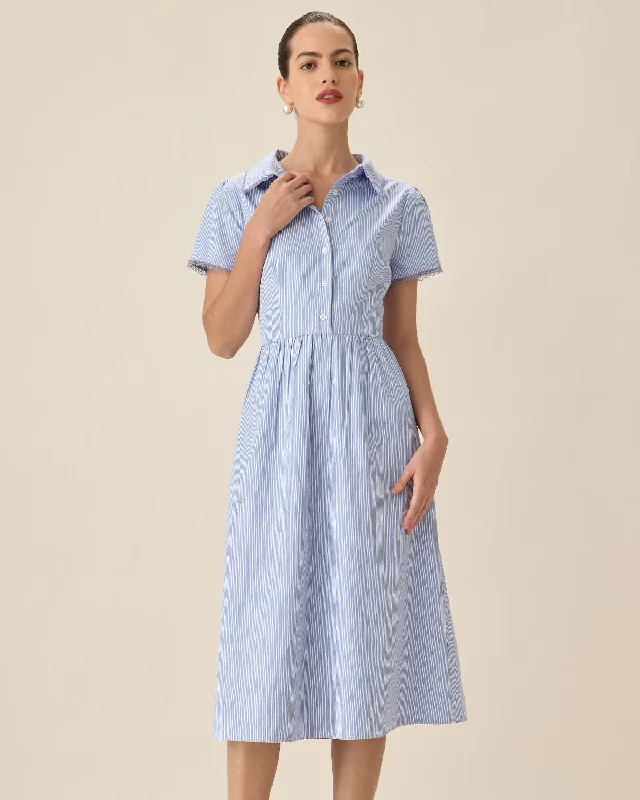 Blue Striped Button Midi Dress