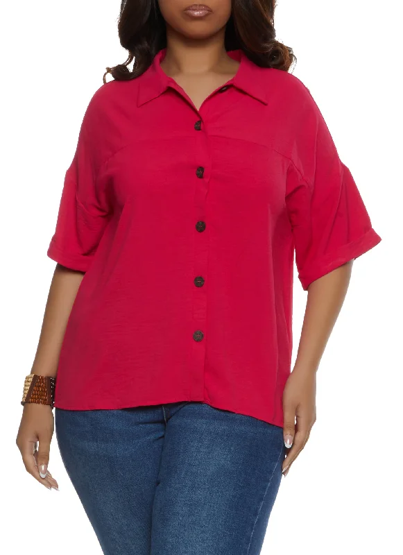 Plus Size Airy Short Sleeve Button Front Shirt