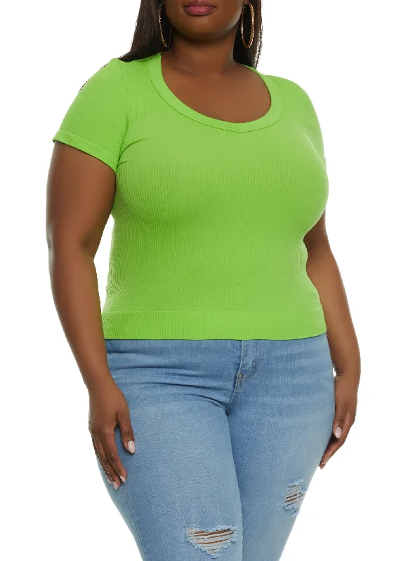 Plus Size Rib Knit Short Sleeve Seamless Tee