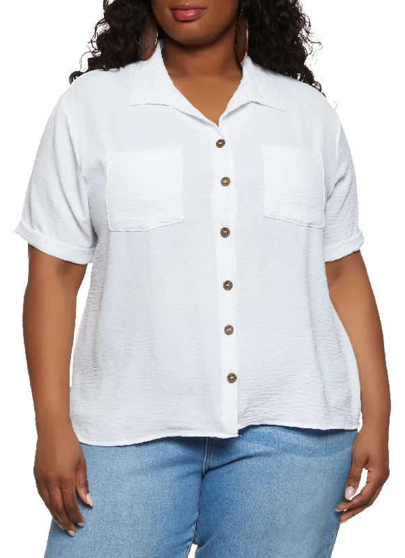 Plus Size Airy Pocket Button Down Shirt