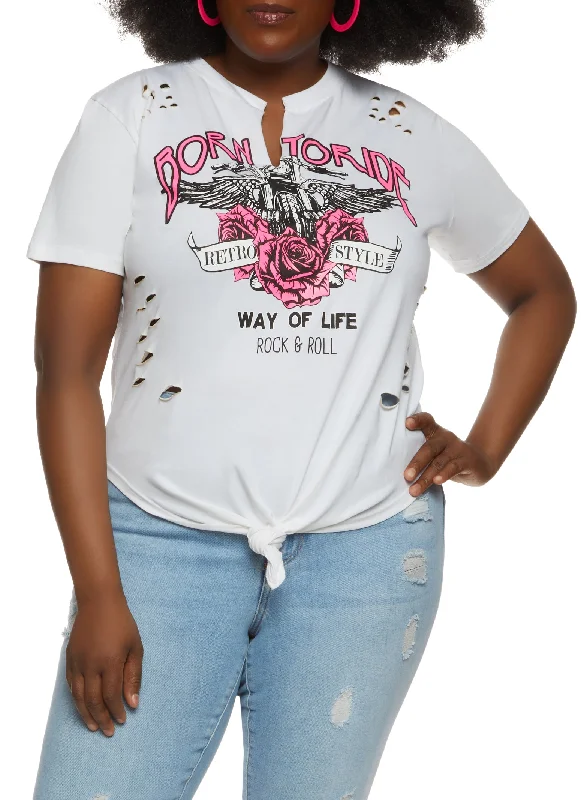 Plus Size Born To Ride Knot Front Graphic Tee