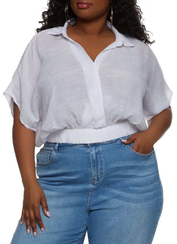 Plus Size Gauze Knit Elastic Waist Cropped Shirt