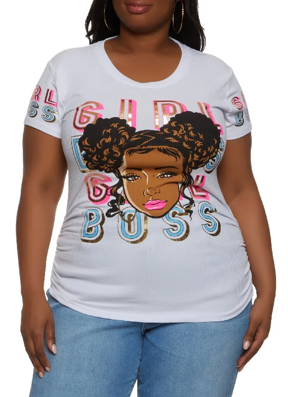 Plus Size Girl Boss Foil Screen Ruched Graphic Tee