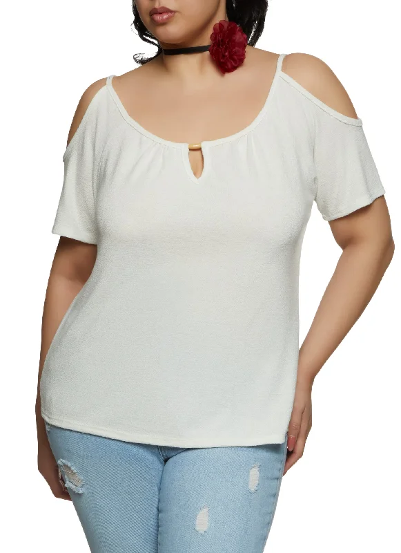 Plus Size Keyhole Detail Cold Shoulder Blouse