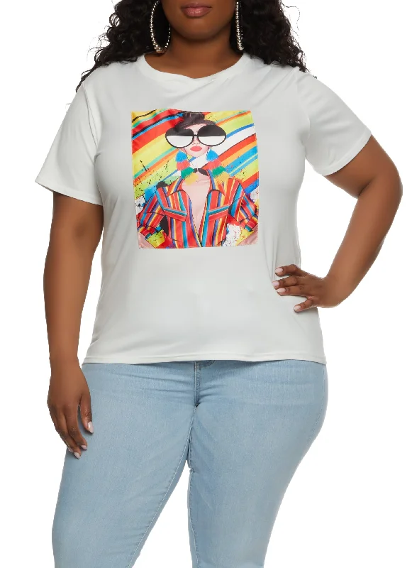 Plus Size Rainbow Paint Splatter Patch Graphic Tee