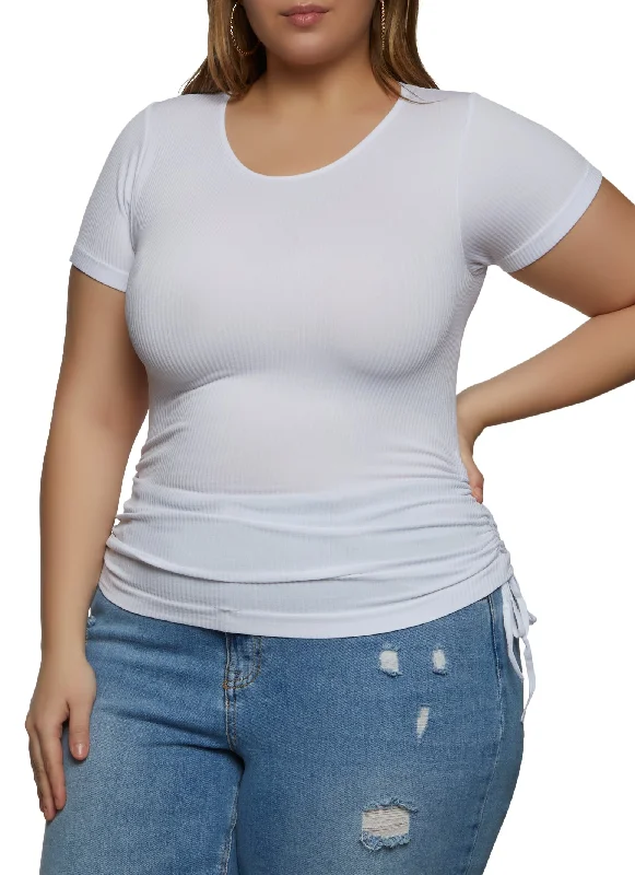 Plus Size Rib Knit Ruched Short Sleeve Top