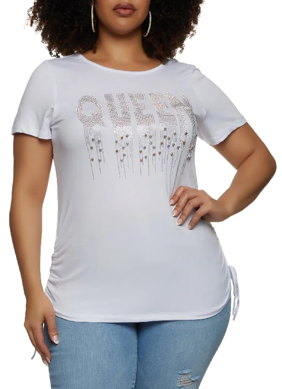 Plus Size Ruched Side Queen Embellished Graphic Top