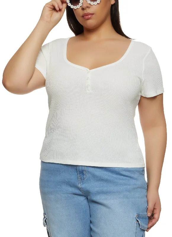 Plus Size Scoop Neck Short Sleeve Henley Top