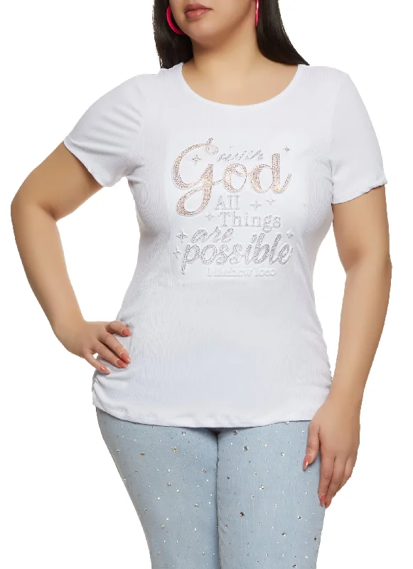 Plus Size With God All Things Embossed Rhinestone Graphic Tee