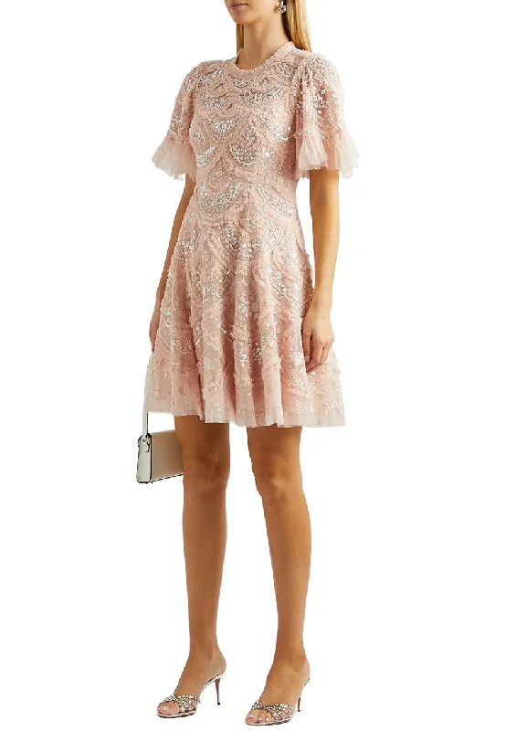 Nude Lily Bloom Embellished Sequins Flutter Sleeves Mini Dress