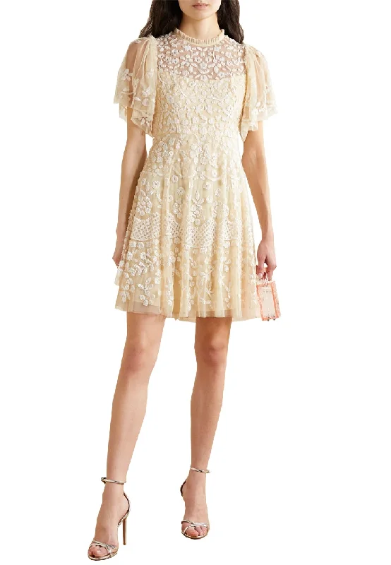 Yellow Honesty Embellished Sequins Flutter Sleeves Mini Dress (UK 8)