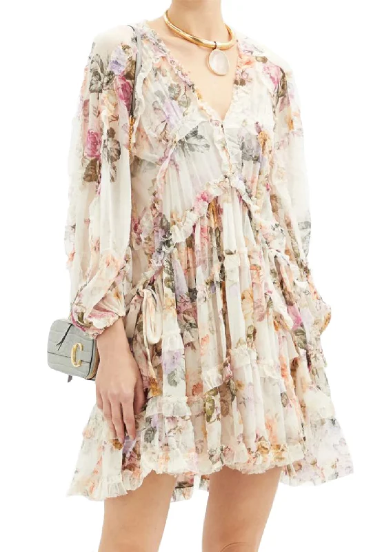 Cream Brighton Ruffled Floral-print Silk-voile Mini Dress