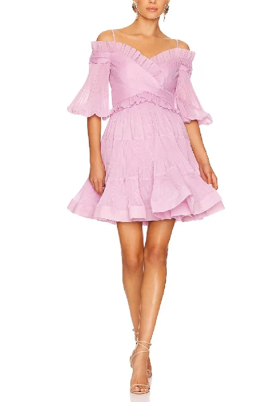 Lilac Off Shoulder Pleated Taffeta Mini Dress