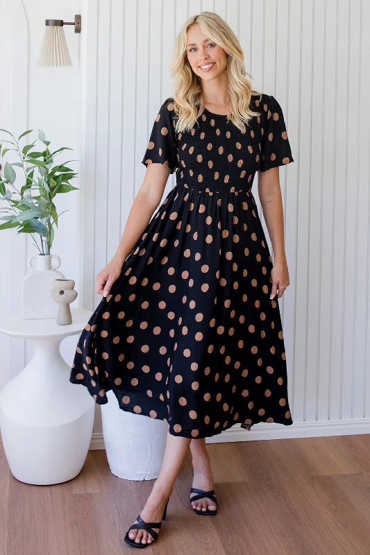 Candace Midi Dress Black Tan Spot