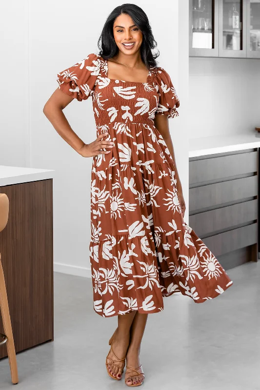 Farrah Midi Dress Bora Print Dark Tan