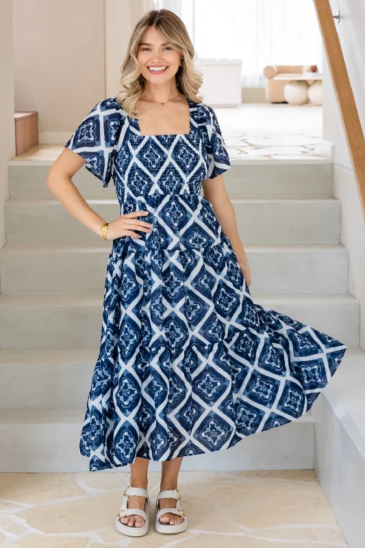 Monique Shirred Midi Dress Alara Print Navy