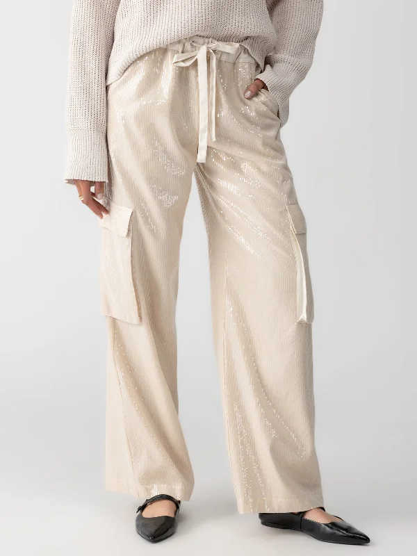 Pull-On Sequin Semi High Rise Cargo Pant Frosted Almond