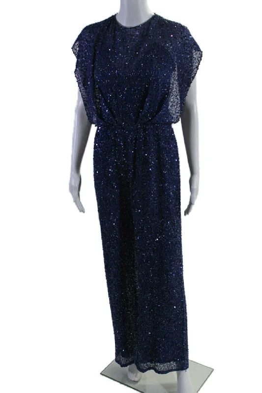 Jenny Packham Womens Silk Embroidered Sequined Ruched Jumpsuit Blue