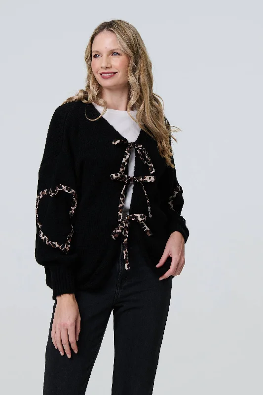 Animal Print Trim Tie Front Cardigan