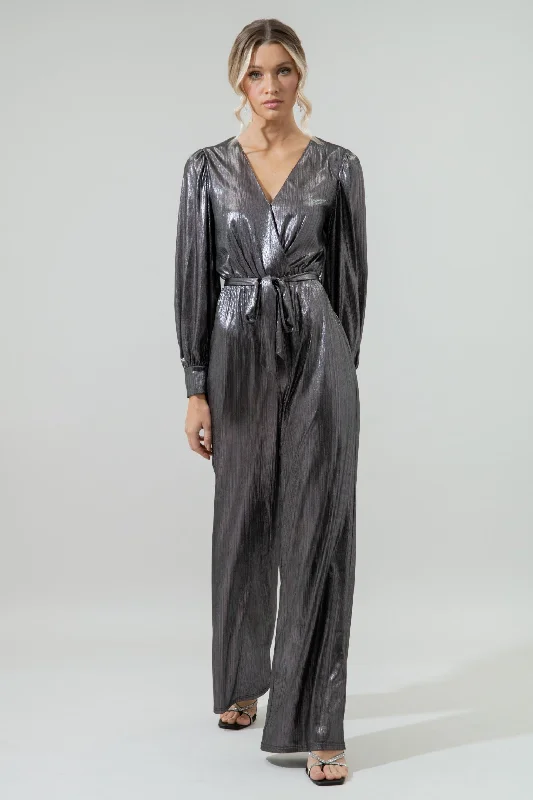 Pewter Metallic Rib Lurex Balloon Sleeve Jumpsuit