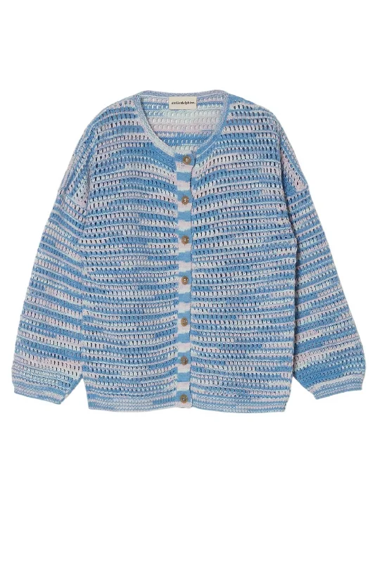 Women's Crochet Bomber Cardigan In Melange Blue